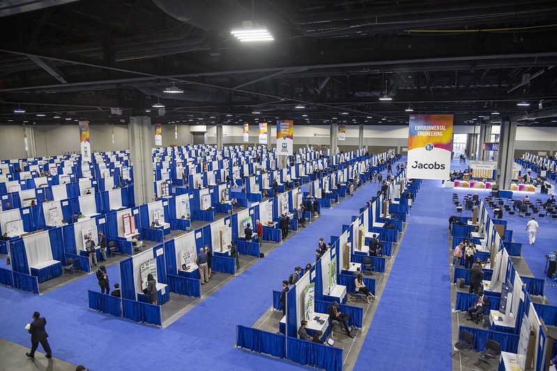 Overhead view of the ISEF finalist hall filled with project booths
