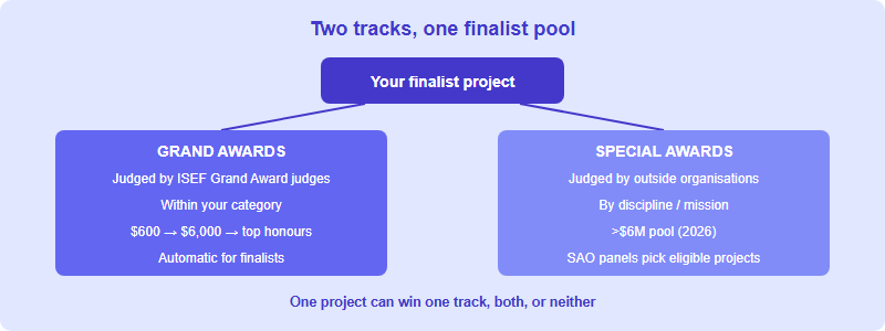 Side-by-side comparison of the ISEF Grand Award track judged by ISEF judges and the Special Award track judged by outside organisations, both fed by the same finalist pool