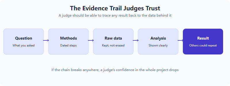 An evidence trail from the research question to logged methods, raw data, analysis, and a reproducible result, showing how judges trace a claim backward