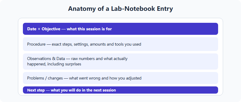 Anatomy of a good lab-notebook entry showing five parts: date and objective, procedure, observations and data, problems and changes, and the next step