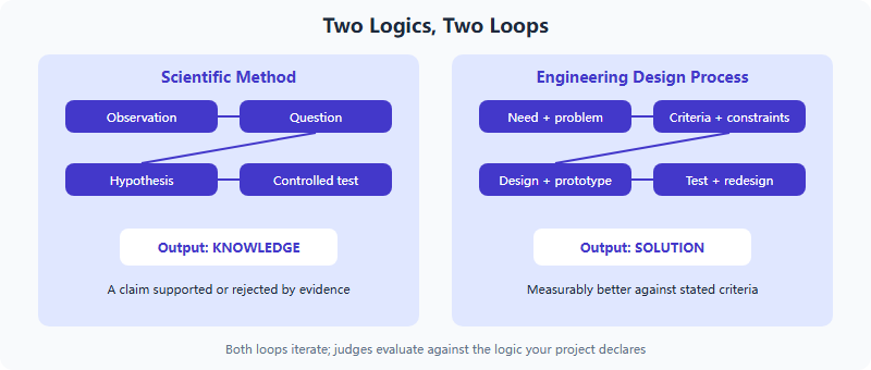 Side-by-side loops: the scientific method runs observation to question to hypothesis to controlled test to conclusion, producing knowledge; the engineering design process runs need to criteria to design to prototype to test and redesign, producing a solution
