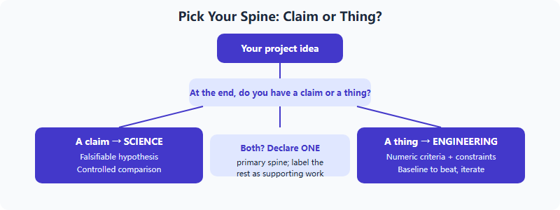 Frame test flow: start from your idea, ask whether the end product is a claim or a thing; a claim leads to the science frame with hypothesis and controlled comparison; a thing leads to the engineering frame with criteria and baseline; a mixed answer requires declaring one primary spine