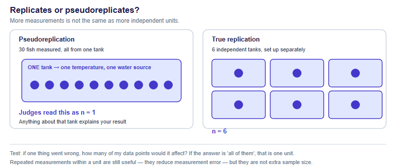 Comparison of pseudoreplication with thirty measurements from one tank giving n equals one, versus true replication with six independent tanks giving n equals six
