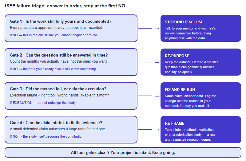 A four-gate triage flow for a failing ISEF project: integrity check, then whether the question is still answerable, then whether the method or the execution failed, then whether the claim can be narrowed, each with the salvage move triggered by a failed gate.