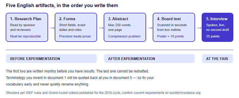 Timeline showing five English documents in an ISEF project: research plan, forms, abstract, board text and the judging interview, mapped onto three phases: before experimentation, after experimentation, and at the fair.