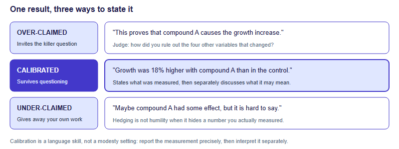 Three-level ladder comparing over-claimed, calibrated and under-claimed statements of the same result, showing that calibrated wording survives judge questioning best.